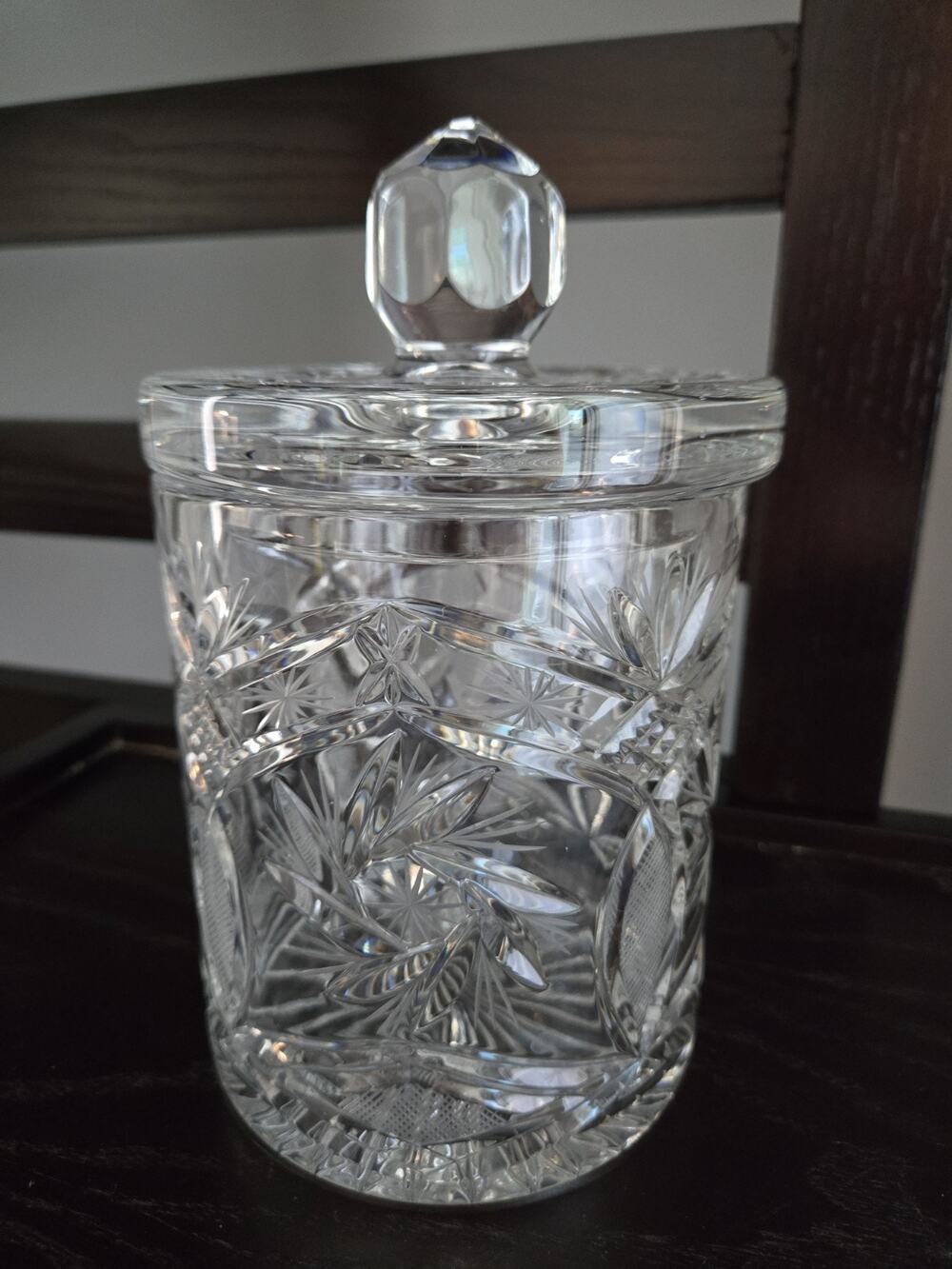 Vintage Heavy Lead Crystal Cut Glass Biscuit Barrel Candy Jar with Lid 8” Boho